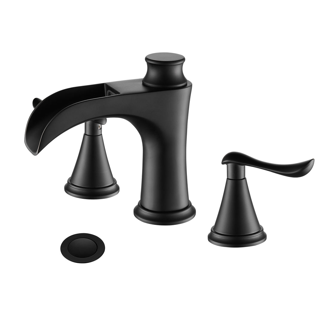 Matte Black Waterfall Bathroom Faucet for 3 Hole Sink 2-Handle 8 inch Widespread, 3JT8012MB