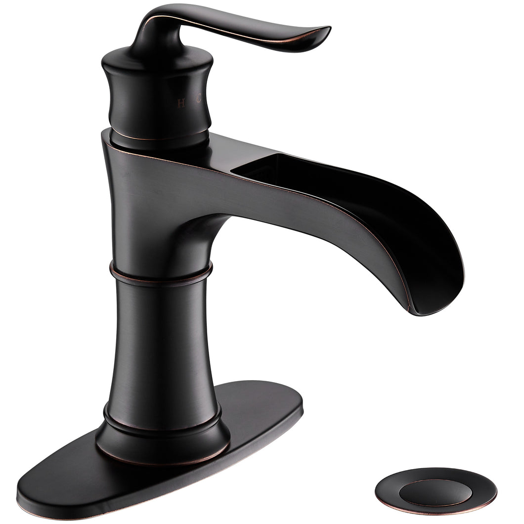 MYHB Waterfall Bathroom Sink Faucet and Parts Single Handle Lever Bath Basin Mixer Tap, Oil Rubbed Bronze 8012SH